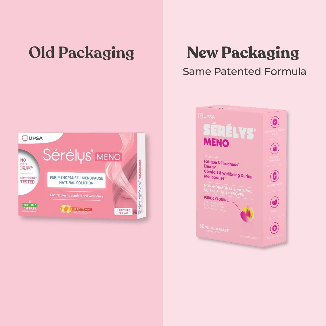 A split comparison of the old vs new packaging of Serelys MENO