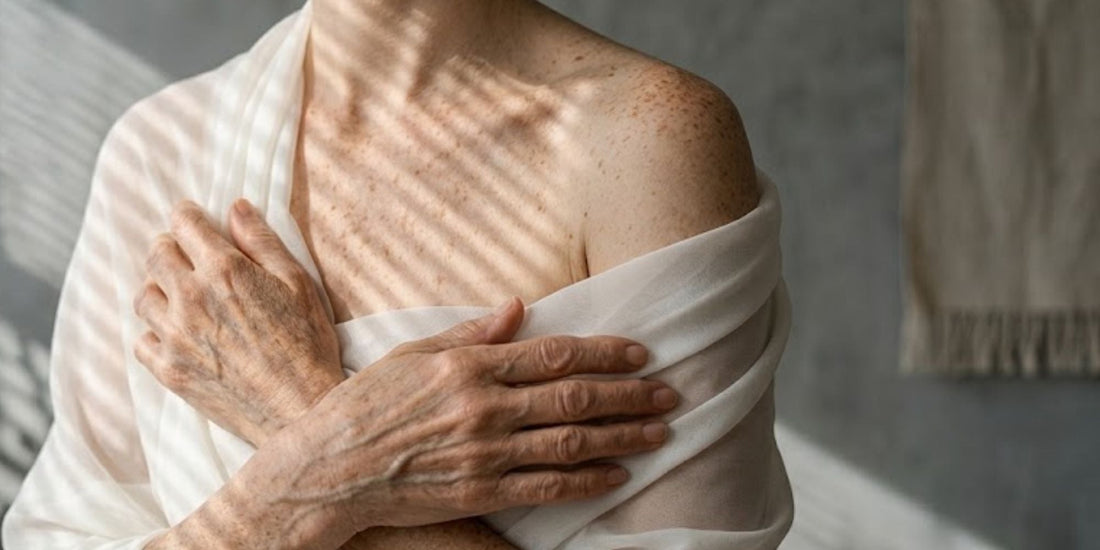 An older woman wearing a sheer top with her shoulder showing