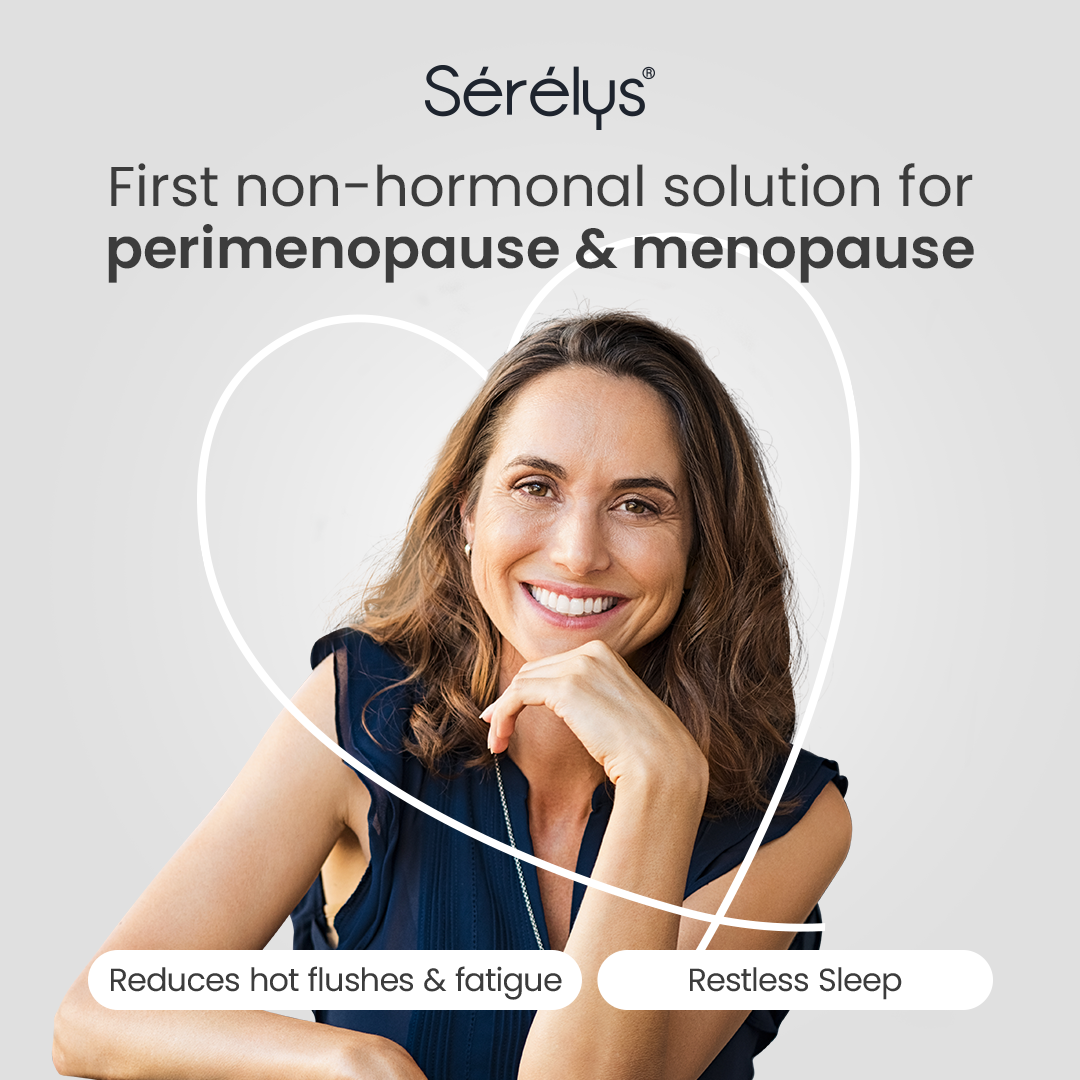 Advertisement for Sérélys, a non-hormonal solution for perimenopause and menopause, featuring a woman with text about its benefits.