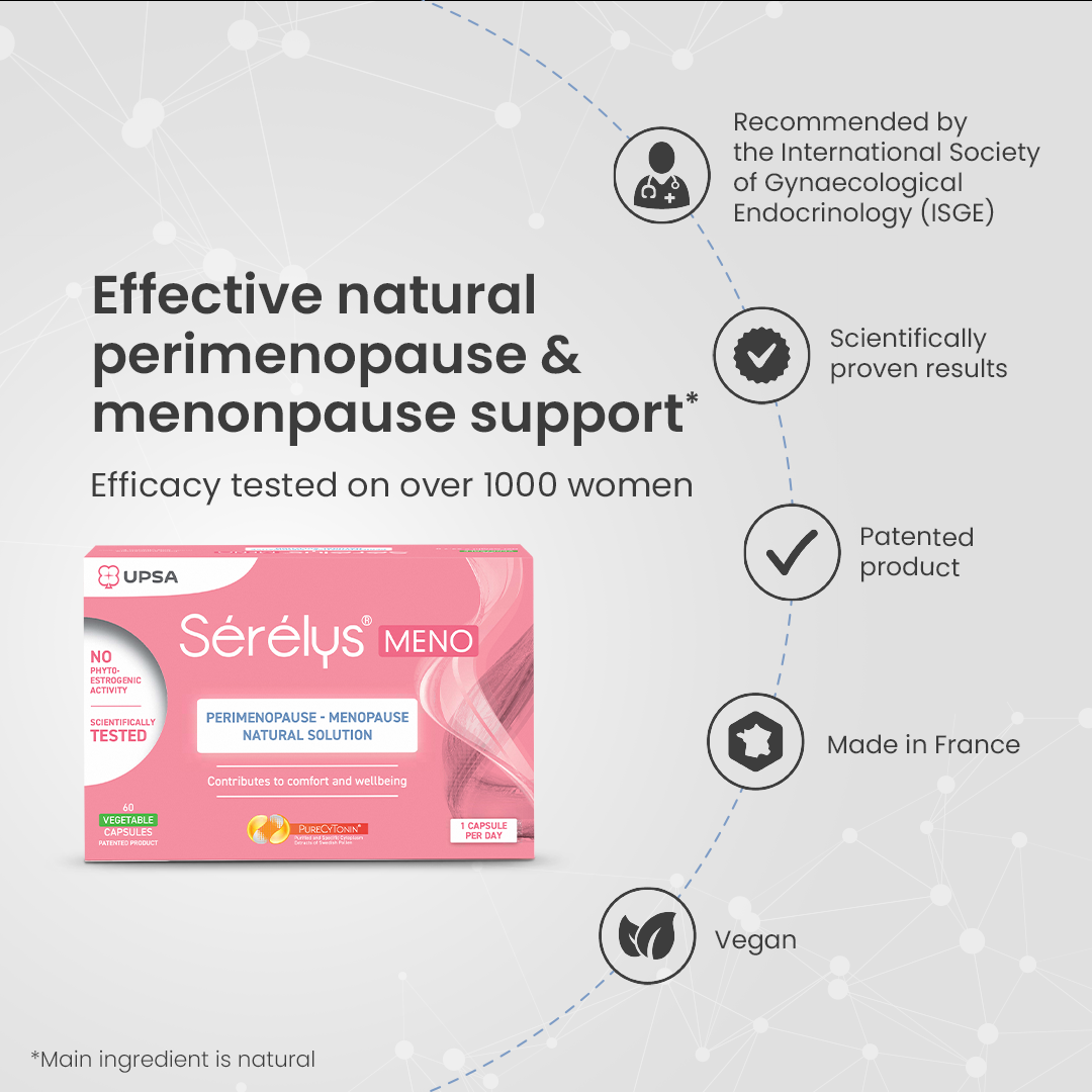 Sérélys MENO product packaging with supporting text on a light gray background