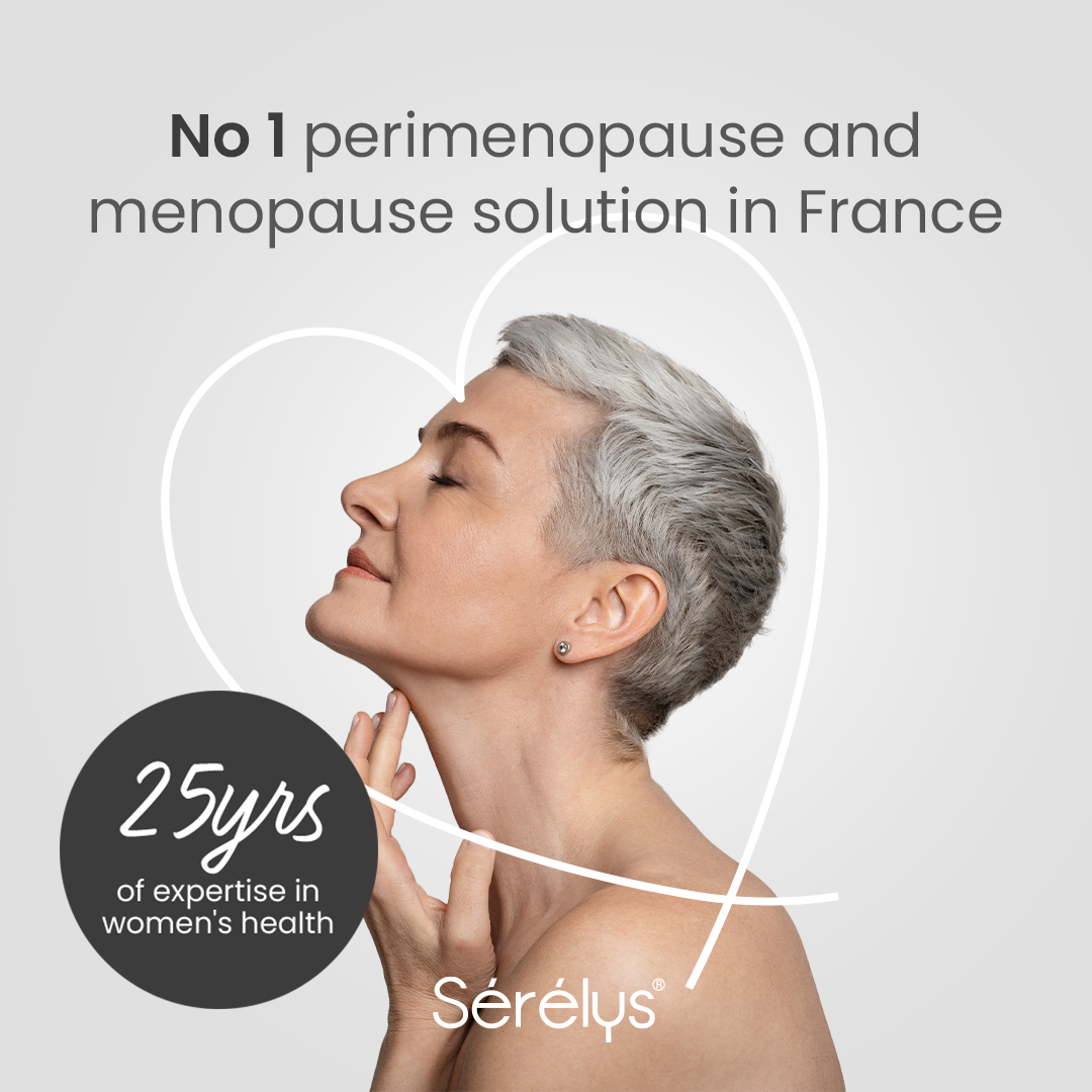Advertisement for Sérélyés menopause solution with a woman's profile on a gray background.