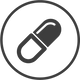 Black pill icon in a circle on a white background