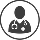 Icon of a doctor with a stethoscope and cross symbol in a circular outline