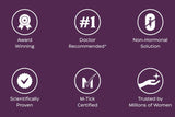 A purple rectangular banner with 6 icons displaying different benefits of the Serelys brand