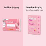 A split comparison of the old vs new packaging of Serelys MENO