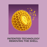 A purple square graphic featuring a yellow spiky spherical object with a cracked open center and small droplets, above the text 'PATENTED TECHNOLOGY REMOVING THE SHELL' on a lavender background.