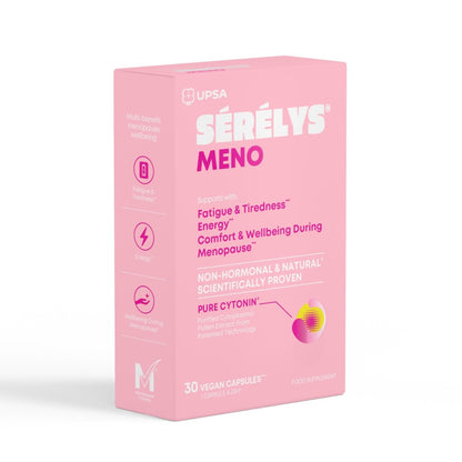 A left side angle packshot of Serelys MENO 30 capsules against a white background