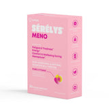 A pink box of Sérélys Meno 30 capsules at a right side angle, featuring white and pink text on a clean white background.