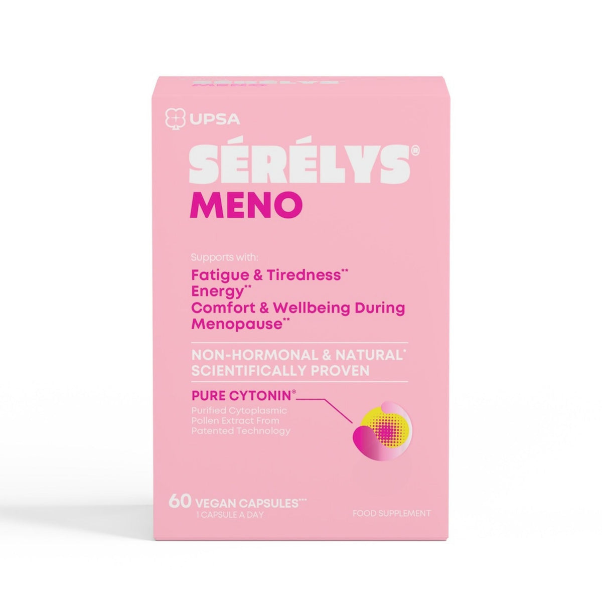 A front packshot of Serelys MENO 60 capsules against a white background