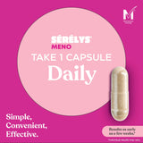 Sérélys Meno Take 1 Capsule Daily supplement packaging on a bright pink background, featuring a large pink circle with white text and a single capsule showing beige powder inside.
