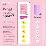 Promotional infographic for Sérélys Meno on a pink background, comparing the product to others. The center panel shows the Sérélys Meno pouch with a small applicator and a vertical checklist of five highlighted features.