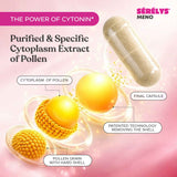 Sérélys Meno purified and specific cytoplasm extract of pollen capsules, showing a transparent capsule filled with beige powder and labeled diagrams of pollen grain and cytoplasm on a pink background.