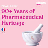 A pink background PDP for Serelys Meno, reading 'powered by 90+ years of pharmaceutical heritage', which features a French flag and a pestle and mortar
