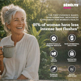 A smiling older woman with gray hair holds a mug outdoors, with promotional text for Sérélys Meno supplement. The image includes feature icons and claims such as scientifically proven results, non-hormonal solution, 100% vegan, patented product, clinical studies, and MTick certified.