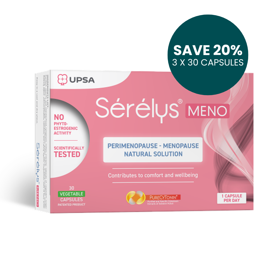 Sérélys MENO supplement packaging with promotional text on a white background