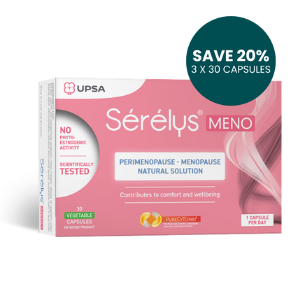 Sérélys MENO supplement packaging with promotional text on a white background
