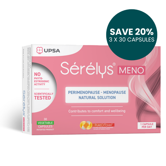 Sérélys MENO supplement packaging with promotional text on a white background