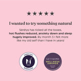A pink promotional graphic with a five-star rating at the top, a testimonial paragraph in dark gray text, and two award badges at the bottom: a circular Gen M Awards Winner 2025 badge and a GET GLOSS Wellness Awards Silver 2026 badge.