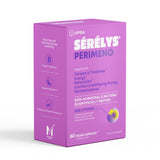 An angled image of a Serelys Perimeno 60 capsules purple box, showcasing the right hand side of the box as well as the front of the packaging