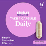 An infographic for Serelys Perimeno, instructing users to take one capsule daily and featuring the MTick logo and text which reads 'Simple, convenient, effective'.