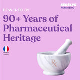 A purple PDP for Serelys Perimeno, featuring a pestle and mortar, a French flag, and text reading 'Powered by 90+ years of pharmaceutical heritage'. 