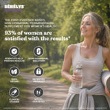 A promotional graphic for Sérélys Perimeno featuring a smiling woman outdoors holding a water bottle, with text highlighting product benefits such as being a non-hormonal perimenopause supplement, scientifically proven results, and 100% vegan.