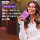 A woman in a white ribbed blouse holds a purple box of Sérélys Perimeno. The image features promotional text on the left reading 'Stay consistent with your routine and save every month.