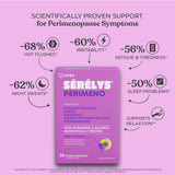 A pink promotional graphic centered on a purple UPSA Serély Perimenopause supplement box, with text and icons around it claiming reduced hot flashes, irritability, fatigue, night sweats, sleep problems, and support for relaxation.