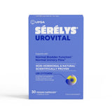 A blue rectangular box of UPSA Sérélys Urovital food supplement, featuring white and blue text on a clean white background.