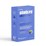 A blue rectangular product box for UPSA SÉRÉLYS UROVITAL, shown at a three-quarter angle on a clean white background. The box features white and light blue text and includes a small circular yellow and blue graphic near the bottom right.