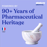 Promotional graphic with a lavender background, large blue text reading 'POWERED BY 90+ Years of Pharmaceutical Heritage,' the SÉRÉLYS UROVITAL logo at top right, a small French flag with 'MADE IN FRANCE' at bottom left, and a white marble mortar and pestle with an Rx symbol near the bottom right.