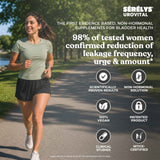 A woman jogging on a park path with promotional text for Sérelys Urovital bladder health supplements. The graphic includes product claims, icons, and branding on a blurred outdoor background.