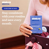 A person in a pink top holds a blue box of Sérélys Urovital near an open suitcase with folded garments inside. The image includes Sérélys Urovital branding and text encouraging users to subscribe and save.