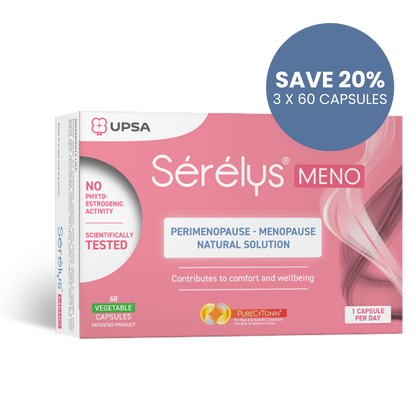Sérélys MENO supplement packaging with promotional text on a white background