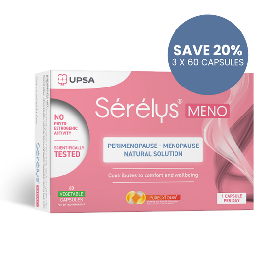 Sérélys MENO supplement packaging with promotional text on a white background