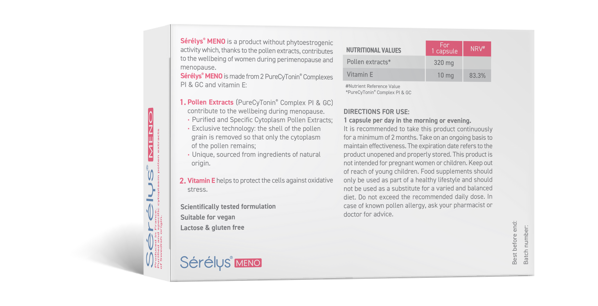 Sérélyé MENO supplement packaging with nutritional information and usage directions.