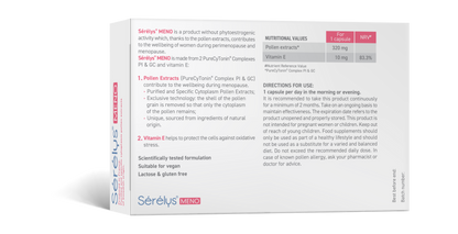 Sérélyé MENO supplement packaging with nutritional information and usage directions.