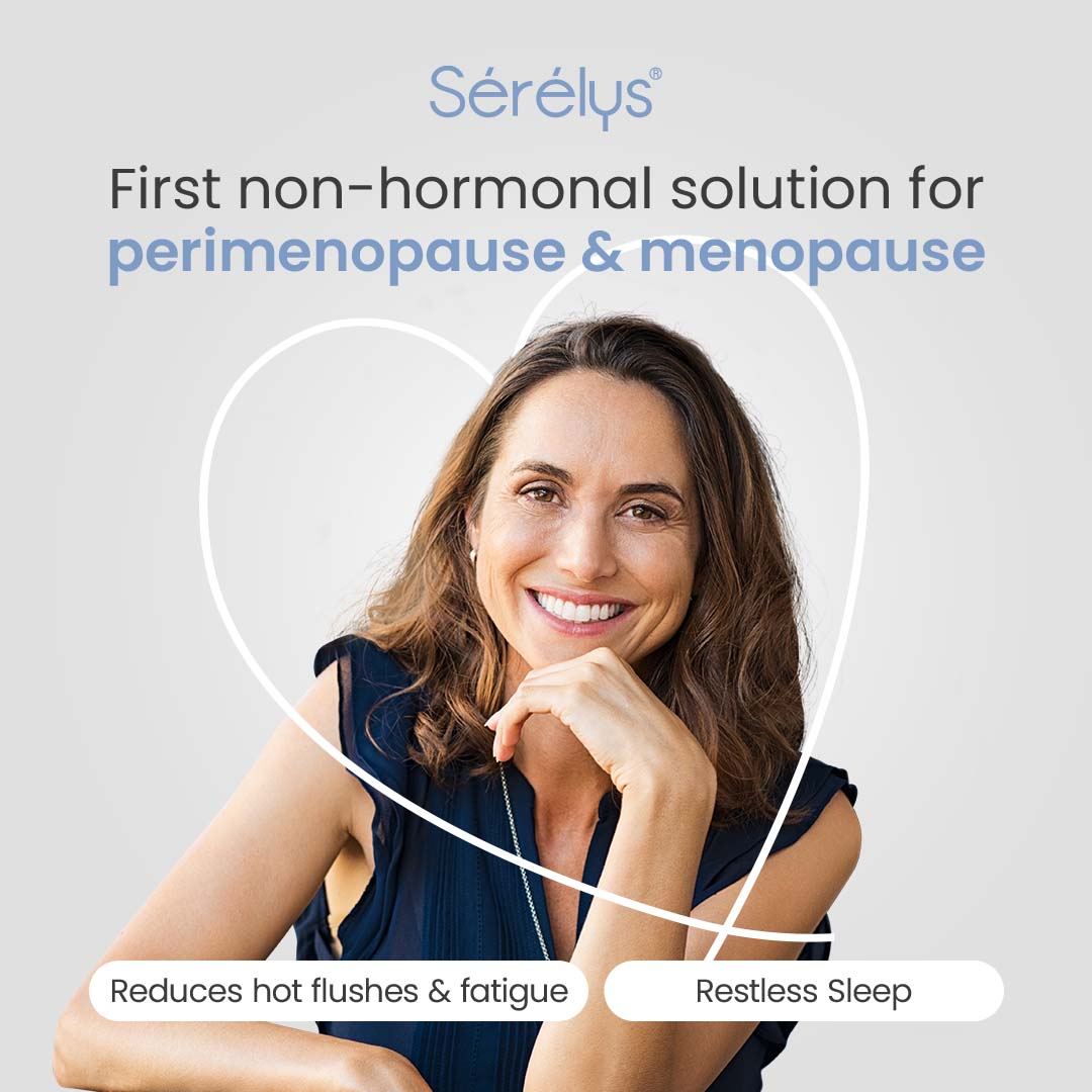 Advertisement for Sérélys, a non-hormonal solution for perimenopause and menopause, featuring a woman with text highlighting benefits.