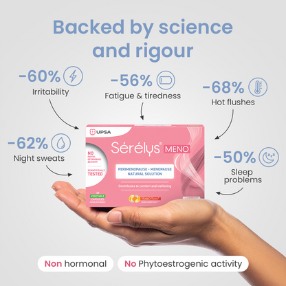 Hand holding a pink packaging of Sérélys MENO with health benefits displayed on a light gray background.