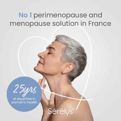 Advertisement for Sérélys menopause solution with a woman's face and text on a gray background